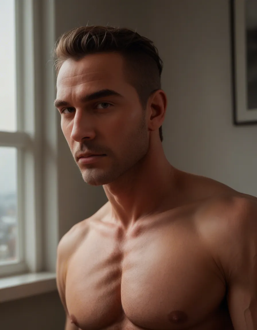 professional photo, high detail, close-up, 1boy, presenting, hand on own hip, window, hyperrealistic, score_9, score_8, candid photo, realistic skin texture, visible skin pores, film grain, depth of field