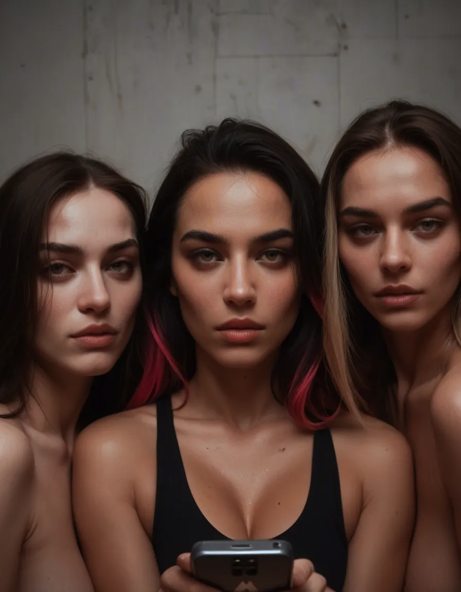 sharp focus, 8k uhd, 6+girls, two-tone hair, nude , cinematic realism, score_9, score_8, amateur photo, phone snapshot, realistic skin texture, skin blemishes, soft indoor lighting