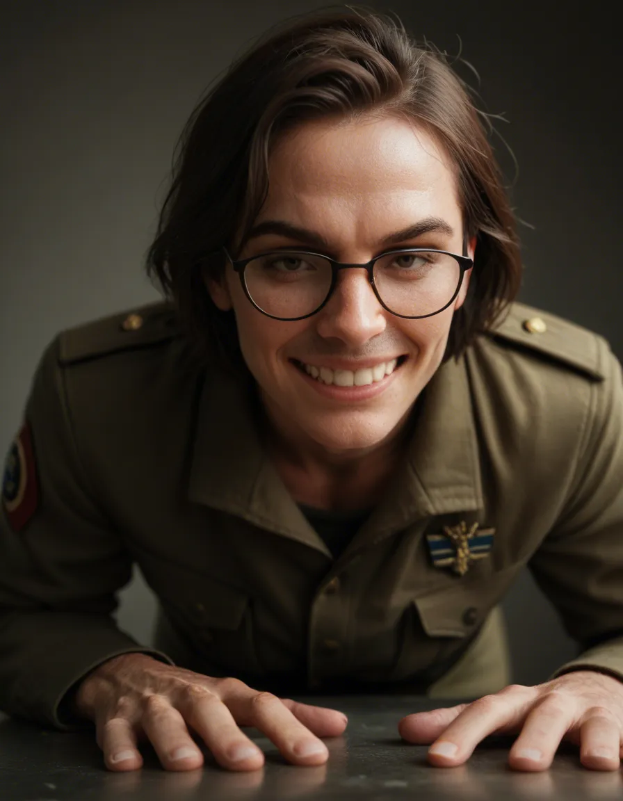 ultra HD, lifelike, male focus, doggy style, glasses, military, teasing grin, cinematic realism, score_9, score_8, candid photo, realistic skin texture, visible skin pores, film grain, depth of field