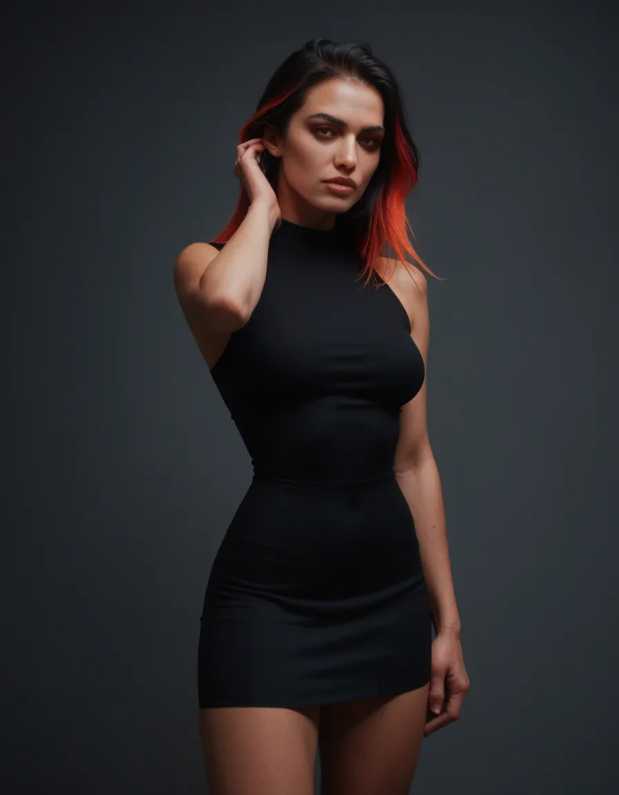 8k, sharp focus, detailed skin, demon girl, multicolored hair, black skirt, presenting, hyperrealistic, score_9, score_8, candid photo, realistic skin texture, visible skin pores, film grain, depth of field, score_9, score_8, candid photo, realistic skin texture, visible skin pores, film grain, depth of field