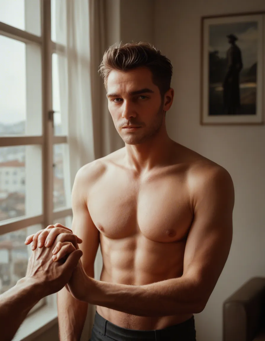 dslr, film grain, photorealistic, male focus, holding hands, heart, topless, window light, 8k uhd photo_(object), score_9, score_8, candid photo, realistic skin texture, visible skin pores, film grain, depth of field