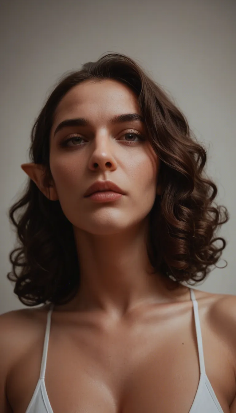 cinematic photo, 8k, from below, brunette woman, cowgirling a bbc, pointy ears, intense passion, 8k uhd photo with long curly hair with highlights