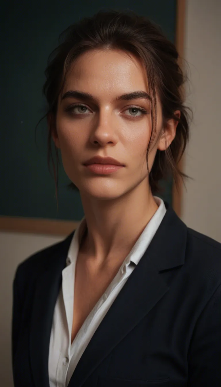 Teacher 40. Tomboy. Missonary., score_9, score_8, candid photo, realistic skin texture, visible skin pores, film grain, depth of field