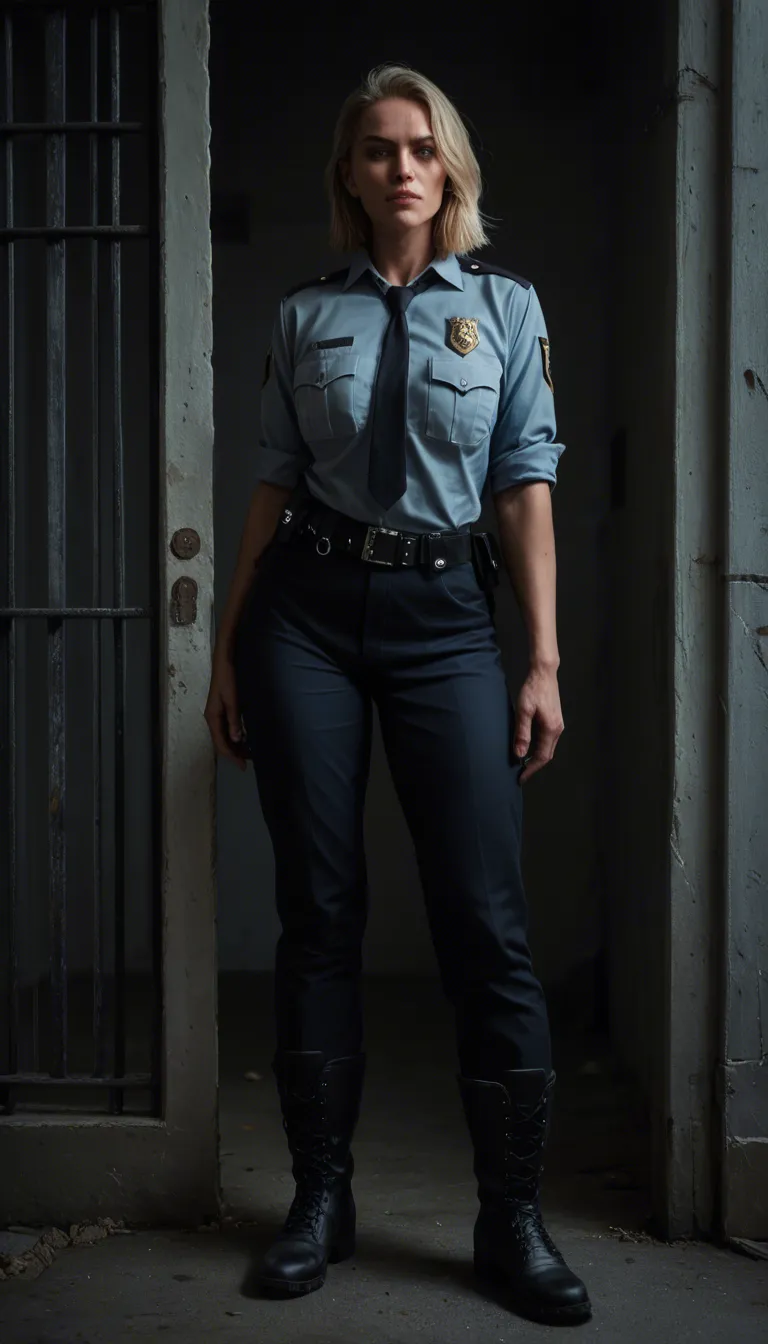 A short blonde mature_female wearing a police uniform, black pants, white panties, and black utility boots outside a jail cell with her arms handcuffed behind her. She is having interracial doggystyle sex with a prisoner with a large penis through the bars. Dramatic lighting, ultra realistic, full body.
