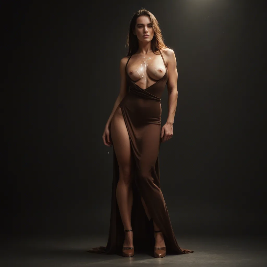 authentic lighting, clear, wide shot, fitness model, brown footwear, dress, cum on breasts, amateur photo