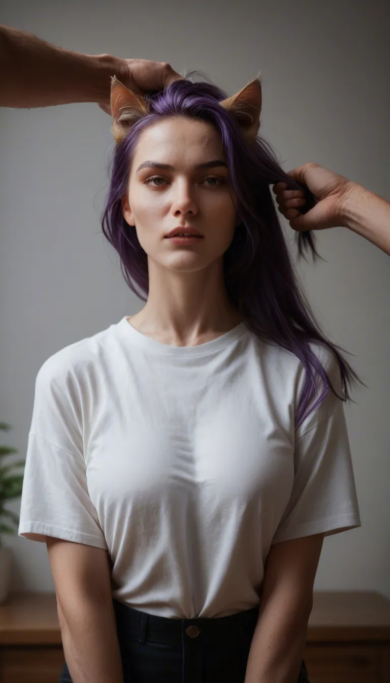 8k, sharp focus, detailed skin, catgirl, purple hair, white shirt, hair pull, lifelike render
