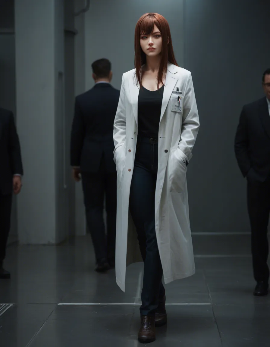 professional photo, high detail, @makise_kurisu, science_fiction, lab_coat, time_machine, long_hair, full_body, walking, score_9, score_8, candid photo, realistic skin texture, visible skin pores, film grain, depth of field