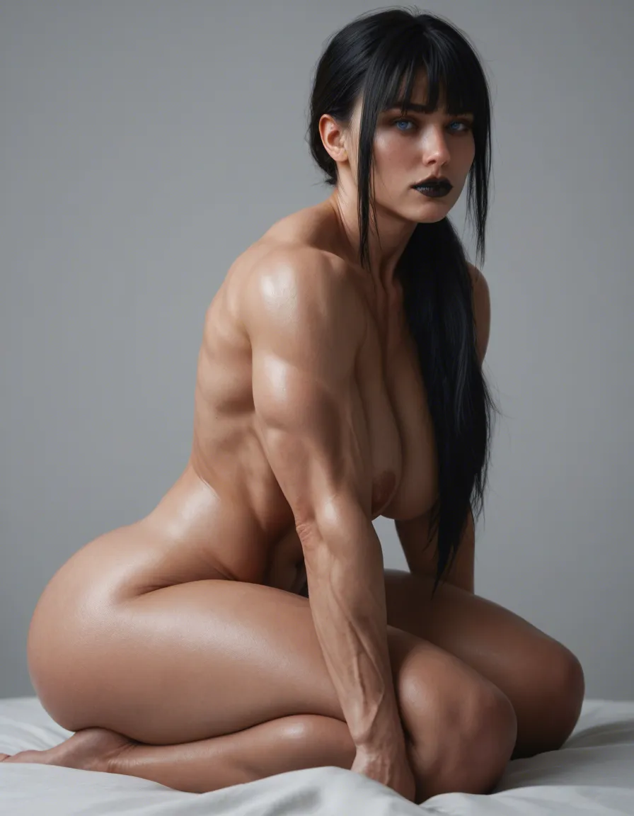 Realistic face, A beautiful 3D girl with extremely massive full breasts, strong thick muscular thighs with clear muscle definition, and a huge round plump ass. She has long black hair in pigtails with bangs, no nipples visible, sharp blue eyes, light blush, and dark lipstick. She is sitting on a light wooden floor against a white wall, upper body leaning against the wall, legs bent and raised with feet on the floor, looking directly at the viewer. She wears a solid black opaque long-sleeve top with ruffles (non-sheer, no transparency), a black mini skirt with harness straps, black latex thigh-high stockings with straps and buckles, multiple silver rings, and a silver necklace. Glossy skin, soft indoor lighting, detailed 3D style, highly detailed, cinematic lighting, 8k, cinematic shot, dynamic lighting, 75mm, Technicolor, Panavision, cinemascope, sharp focus, fine details, HDR, realism, realistic, key visual, film still, cinematic color grading, depth of field. Overall, it’s an absolute world-class cinematic masterpiece. It’s an aesthetically pleasing cinematic shot with impeccable attention to detail and impressive composition., score_9, score_8, cinematic film still, anamorphic, film grain, dramatic lighting, shallow depth of field