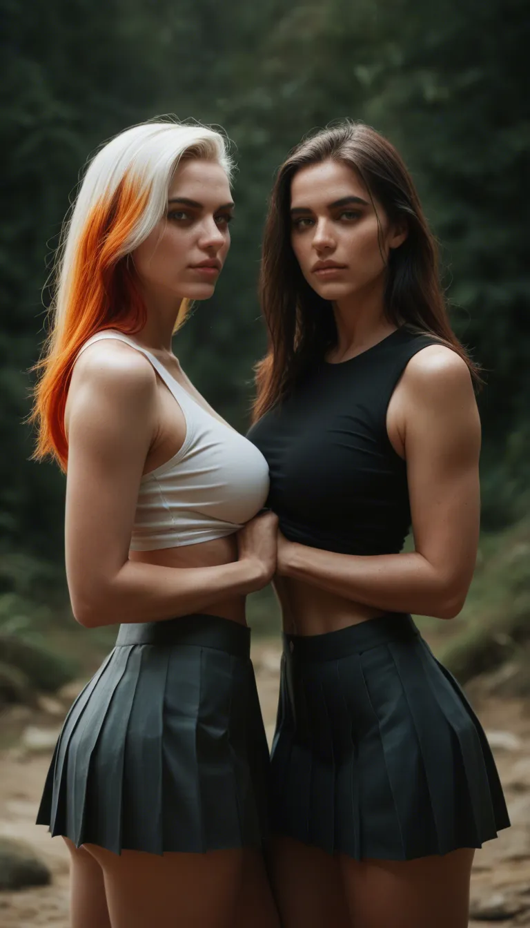 sharp focus, 8k uhd, 2women, multicolored hair, pleated skirt, paizuri, dslr quality