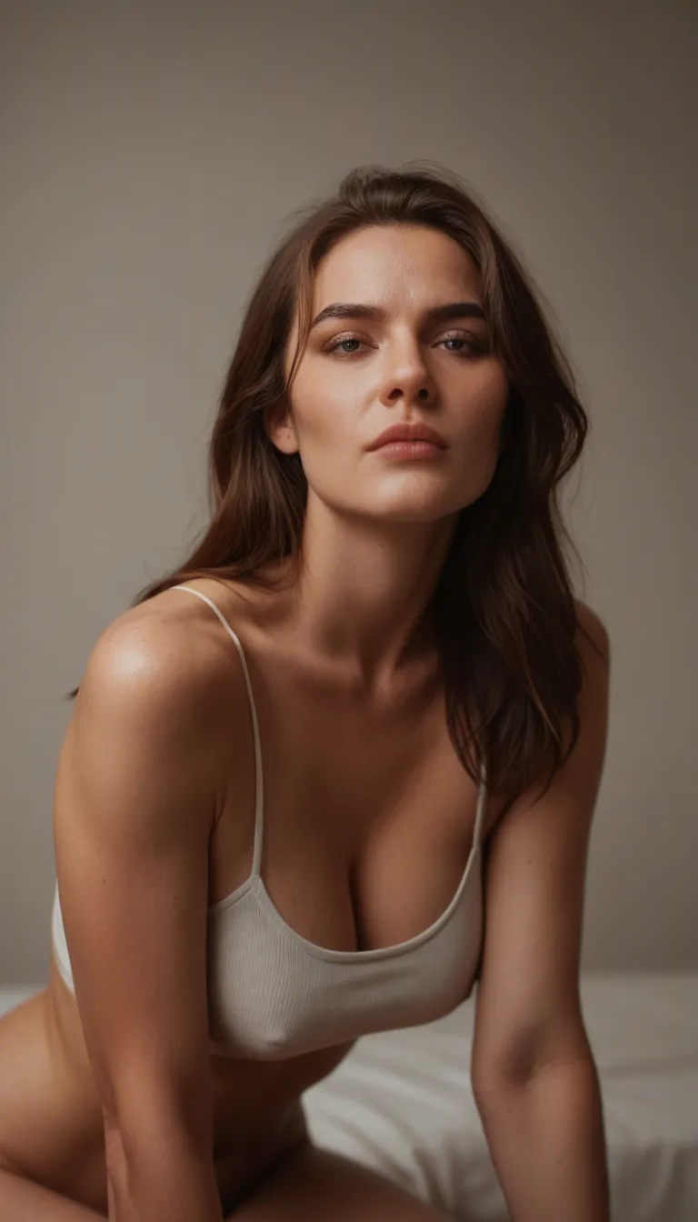 first-person point of view from bottom to top of a mature woman about 45 years old as if the woman were sitting astride the observer, long brown hair, large brown eyes with small expression lines, hoop earrings, slender but shapely body, abundant breasts, wearing only a short unbuttoned blouse, holding in her hands the erect penis of the observer who ejaculates repeatedly squirting the woman's hair