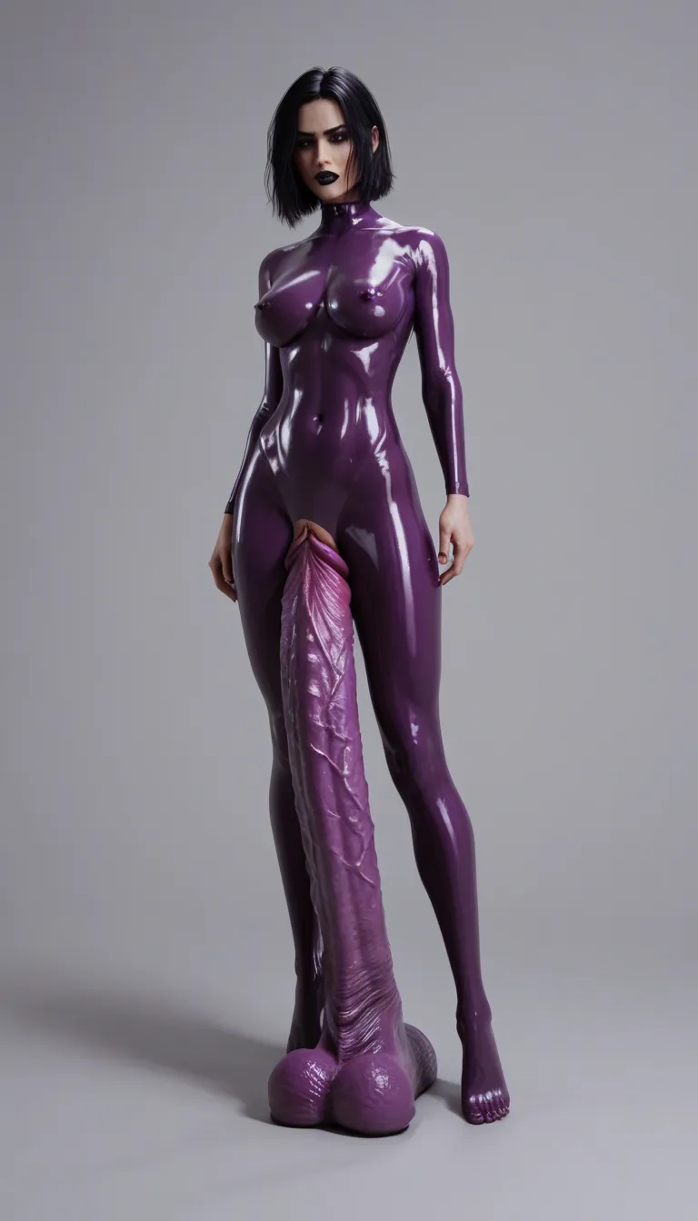 sexy goth woman with big tits wearing purple latex outfit. she is riding a (gigantic hyper dildo in huge pussy:2) deep, causing a (stomach bulge:2) with each thrust. she is constantly squirting.