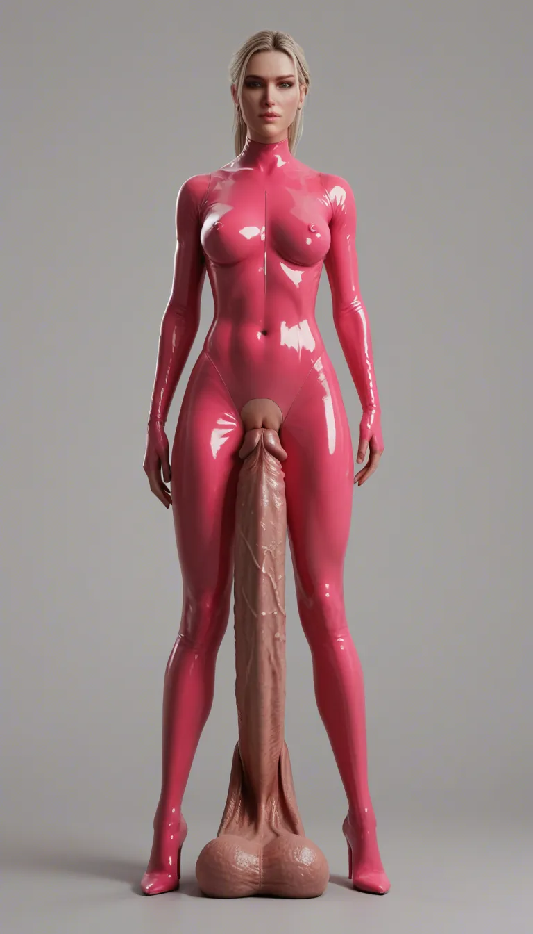 sexy blonde woman with big tits wearing pink latex outfit. she is riding a (gigantic hyper dildo in huge pussy:2) deep, causing a (stomach bulge:2) with each thrust. she is constantly squirting.