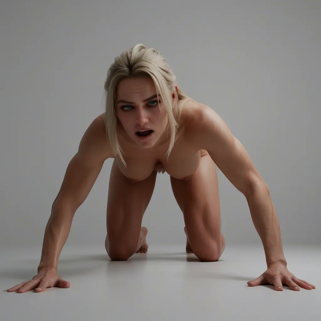 sexy blonde woman with big tits. she is on all fours fucked deep from behind by a (gigantic hyper dildo in huge pussy:2), causing a (stomach bulge:2) with each thrust. she is constantly squirting. side view.