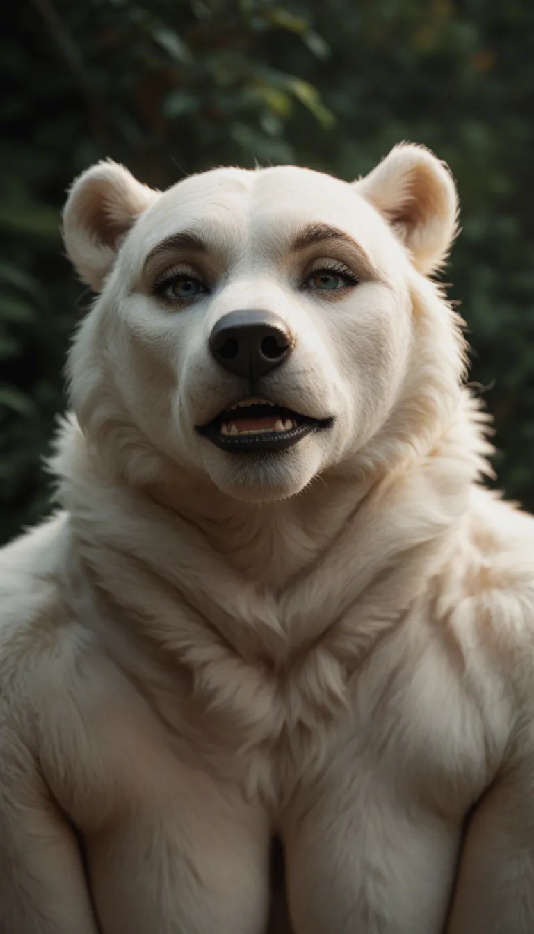 Furry polar bear. trans woman, 30 years, diagonally bangs, small boobs, big dick, femme fatal look on face, standing and strocking her OWN dick