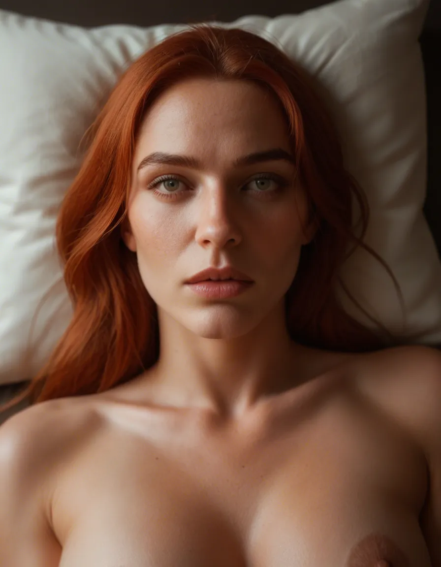 cinematic photo, 8k, close-up, redhead woman, bondage, fingernails, pillow, lustful eyes, natural skin texture, score_9, score_8, candid photo, realistic skin texture, visible skin pores, film grain, depth of field