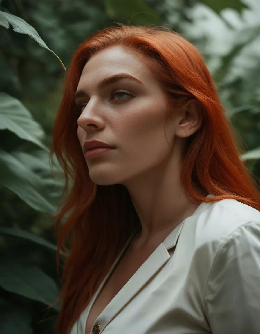 professional photo, high detail, side view, redhead 18 year old , spread legs, buttons, leaf, playful expression, cinematic realism, score_9, score_8, candid photo, realistic skin texture, visible skin pores, film grain, depth of field
