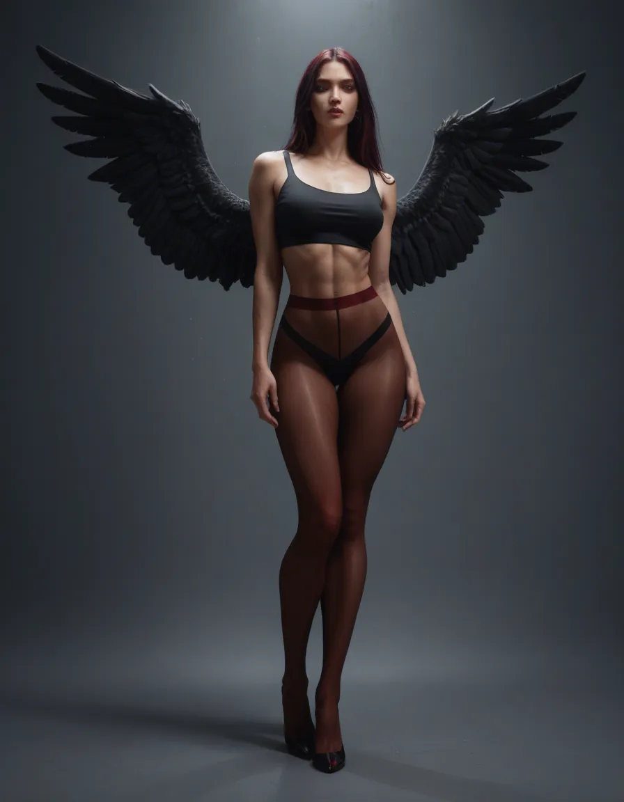 Full-body fashion photography of a powerful female angel, black straight hair in a cool violet-lit studio. She has six large, partially open wings. She wears a structured black satin crop top and mirror-finish white glossy nylon pantyhose that reflect the violet light. Over the nylon, red fishnet stockings create a sharp lattice pattern from mid-thigh down. She stands with a commanding posture, chin lifted and gaze direct, one boot planted forward. Beside her, a blonde man in a leather collar sits on the floor; she holds a silver chain connected to the collar. he is kissing her boot, High-contrast lighting emphasizes the stretch and shine of the nylon and the satin texture of the top. Shot from a low angle with a 50mm lens, sharp focus on fabric textures and reflections. Cinematic editorial style, reminiscent of Helmut Newton., score_9, score_8, candid photo, realistic skin texture, visible skin pores, film grain, depth of field, score_9, score_8, candid photo, realistic skin texture, visible skin pores, film grain, depth of field