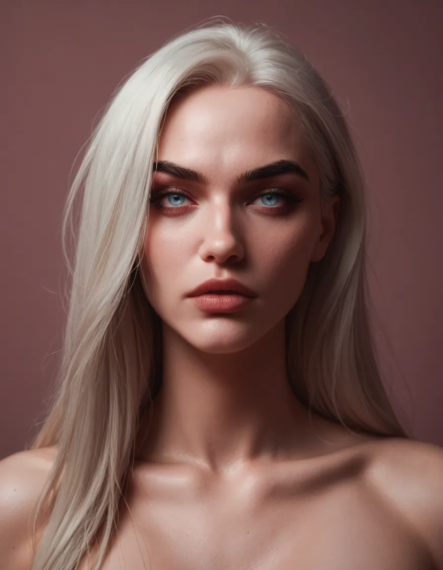 A casual photo of a stunning woman with long, sleek platinum blonde hair parted in the middle. She has striking, vibrant teal-blue eyes, defined dark eyebrows, and long lashes. Her lips are full with a natural, muted rose-pink color. Her complexion is smooth and radiant, with a subtle hint of freckles on her nose and shoulders. She is wearing a loose, very sheer white garment. The lighting is soft and even, highlighting her facial features, against a minimalist, pale grey background. High-resolution photography, hyper-realistic, fashion editorial style, clear focus, cinematic lighting.. It's a casual photo.          Her age is 35 years old.                    She has a curvy figure with a defined waist and balanced fullness through her hips and torso.  She has full breasts that sit wide apart with a soft, relaxed shape and outward-facing nipples. She has deep-set buttocks with a pronounced crease and firm muscle tone that creates strong definition., score_9, score_8, candid photo, realistic skin texture, visible skin pores, film grain, depth of field