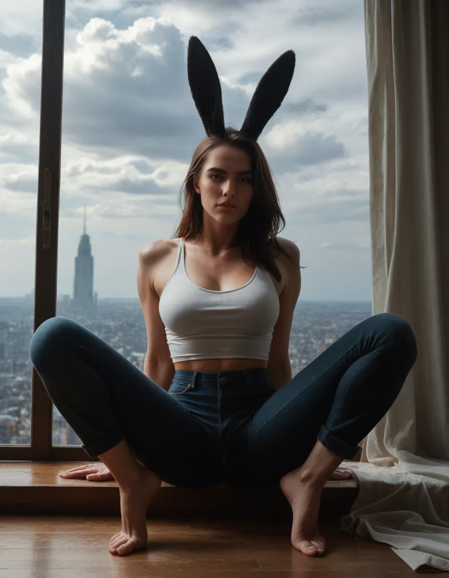 cinematic photo, 8k, bunny woman, toes, pants, over the shoulder glance, spread legs, cloud, window light, natural skin texture, score_9, score_8, candid photo, realistic skin texture, visible skin pores, film grain, depth of field