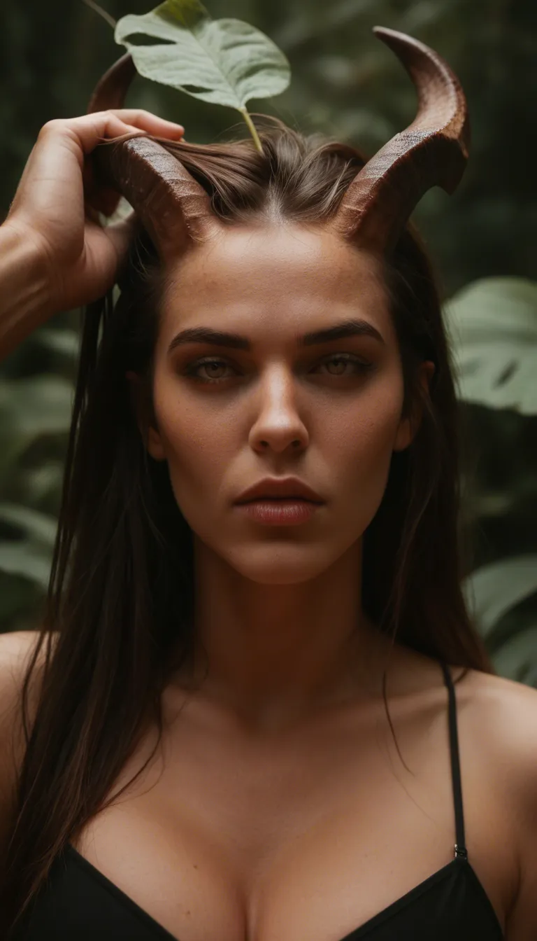 sharp focus, 8k uhd, succubus, lips, horns, slow turn, hair pull, leaf, cowboy shot, photorealistic