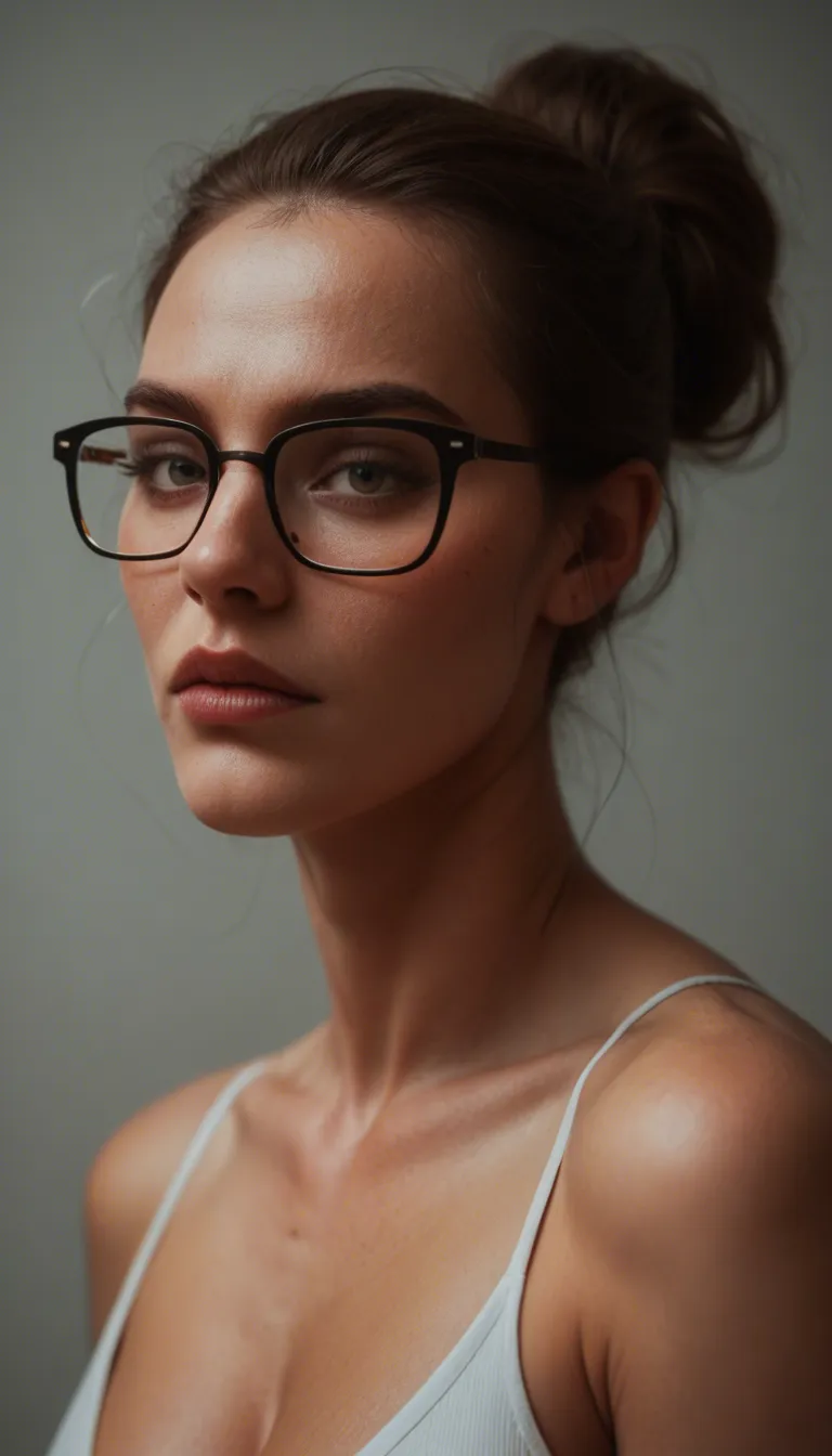 A woman long haïr brown haïr cheveux bouclés glasses taches de rousseurs nacked