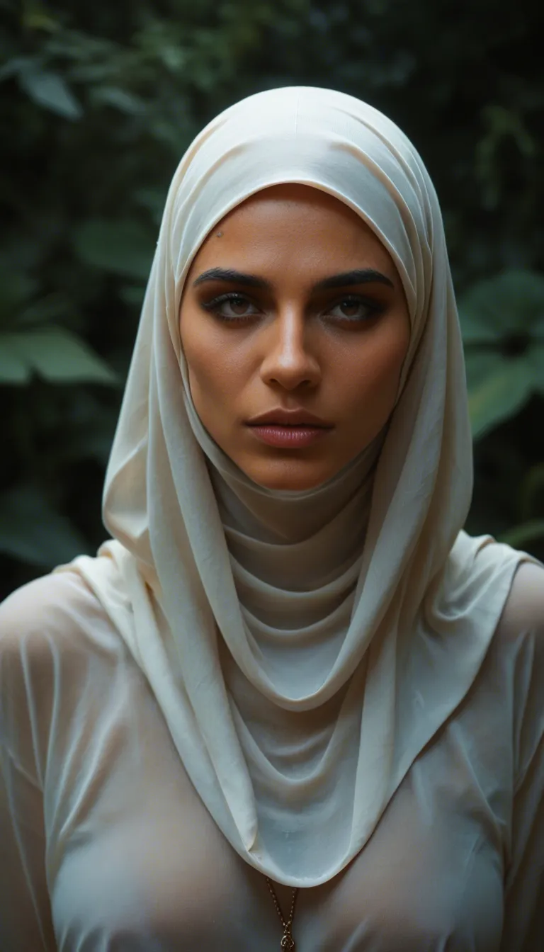 Beautiful woman in a hijab, swallows her tentacle, white thick slime