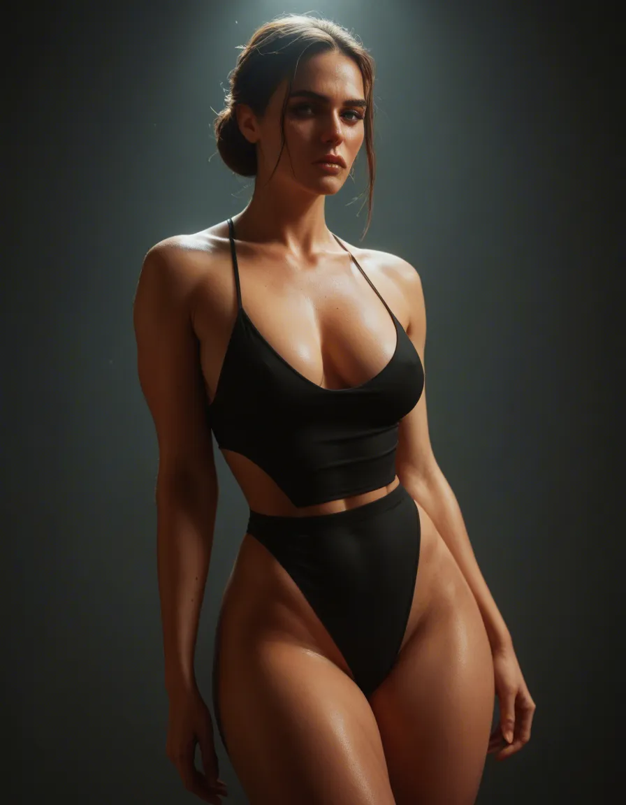 A woman working calmly in a sexy outfit, with big thighs and a big butt, score_9, score_8, cinematic film still, anamorphic, film grain, dramatic lighting, shallow depth of field