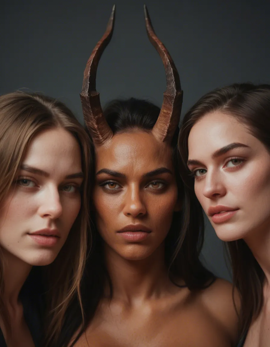 8k, sharp focus, detailed skin, 3women, horns, presenting, rim light, dslr quality, score_9, score_8, candid photo, realistic skin texture, visible skin pores, film grain, depth of field