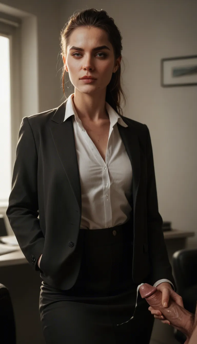 cinematic photo, 8k, office lady, small breasts, jacket, hair flip, teasing, backlit, hyperrealistic, cum_on_clothes, handjob