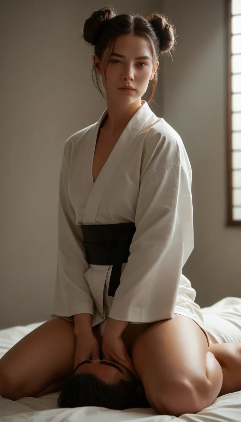 professional photo, high detail, solo focus, double bun, japanese clothes, facesitting, spotlight, lifelike render