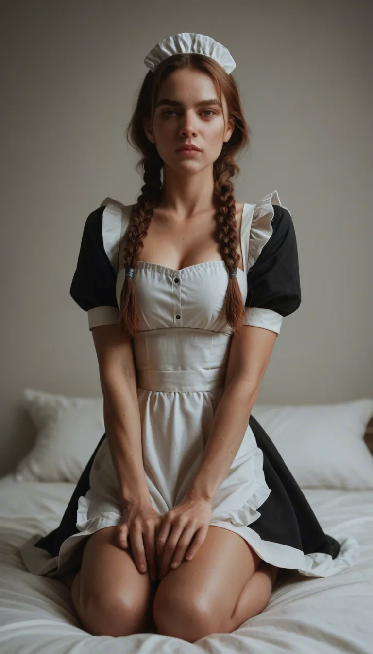 8k, sharp focus, detailed skin, solo, twin braids, puffy sleeves, kneeling on bed, dslr quality.woman in a maid dress with a 10 inch penis in her mouth and cum_in_mouth