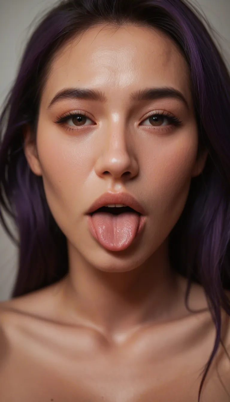 Cute woman with her mouth open and tongue out staring up at the camera, nude, purple hair, close up on face, Asian, score_9, score_8, candid photo, realistic skin texture, visible skin pores, film grain, depth of field