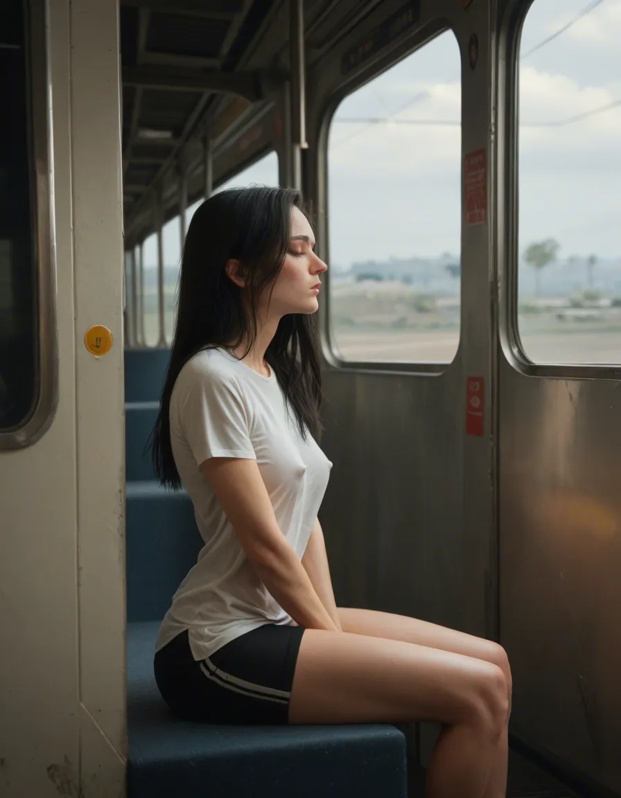 Slim woman 18 long black hair, smaĺl heart shaped face, small mouth, orgasm ,head tilted. Solo, Sitting in train other side of walkway, facing away and leaning back. Knees and feet together, twisted away. wearing shirt, erect nipples, and miniskirt skirt, panties_around_one_leg , lace sandals, hand on vagina, full_body,,,, score_9, score_8, candid photo, realistic skin texture, visible skin pores, film grain, depth of field