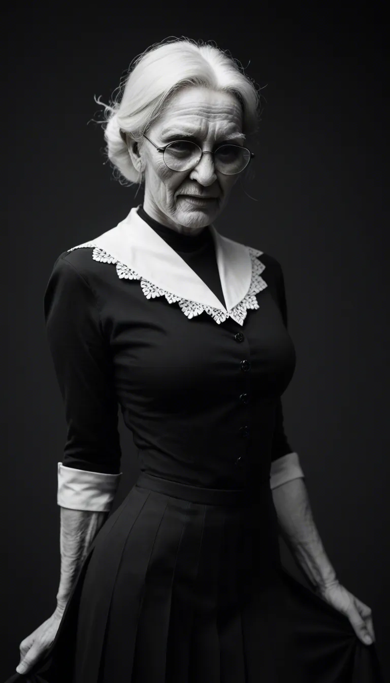 The photograph captures an old granny with white hair and glasses, dressed in a black and white French maid outfit. She is lifting her skirt to reveal her hairy vagina and is performing oral sex on a standing man. The man is mostly out of frame, but his erect, ejaculating penis is visible. The woman's expression is one of concentration, and she is wearing a black headband. The background is a plain, off-white wall, suggesting an indoor setting.