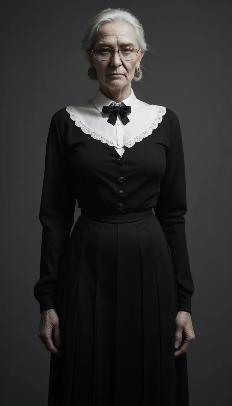 The photograph captures an elderly woman with white hair and glasses, dressed in a black and white French maid outfit. She is lifting her skirt to reveal her genitals and is performing oral sex on a standing man. The man is mostly out of frame, but his erect penis is visible. The woman's expression is one of concentration, and she is wearing a black headband. The background is a plain, off-white wall, suggesting an indoor setting.