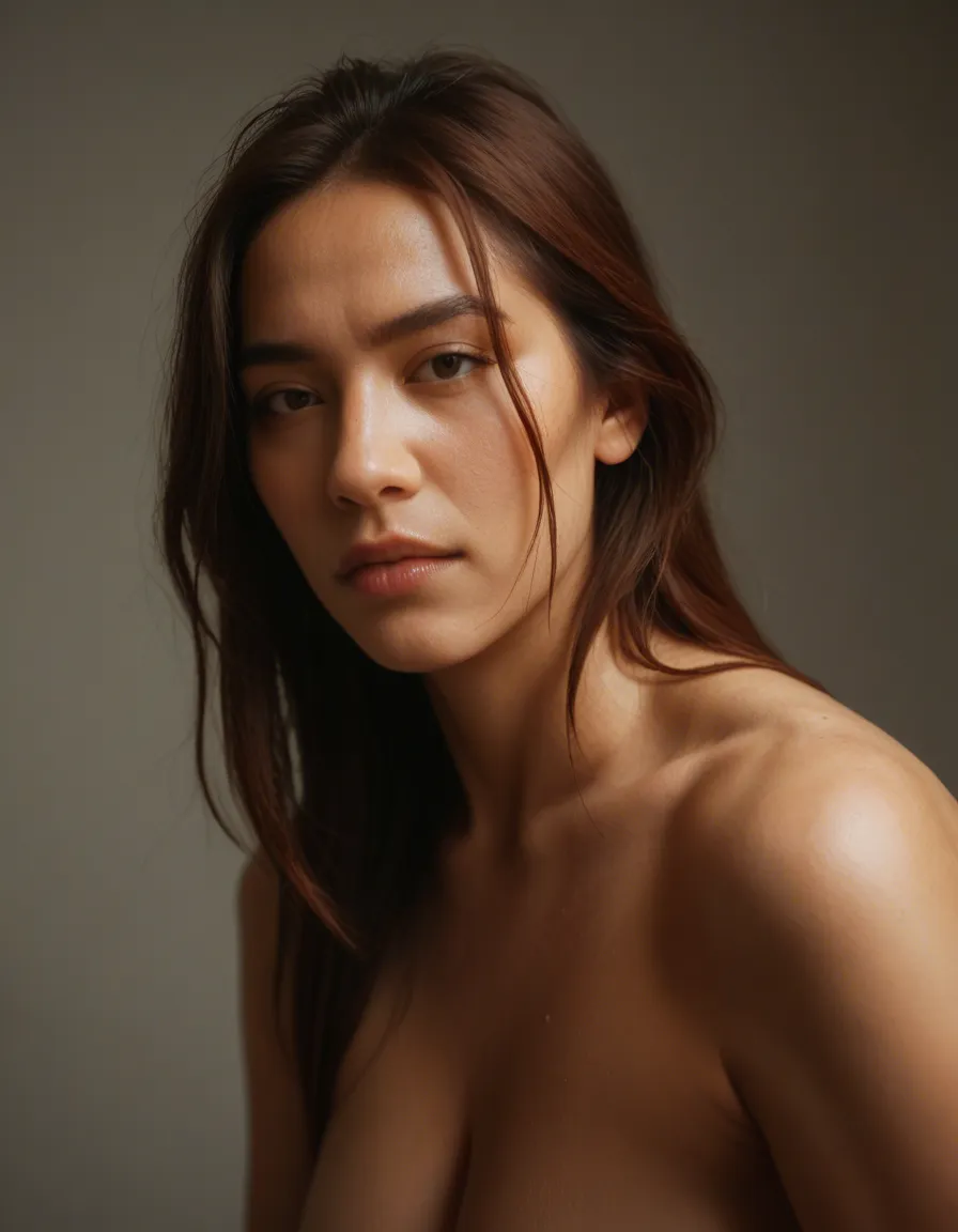 Mid 40s Asian women, long salt and pepper hair, naked, score_9, score_8, candid photo, realistic skin texture, visible skin pores, film grain, depth of field