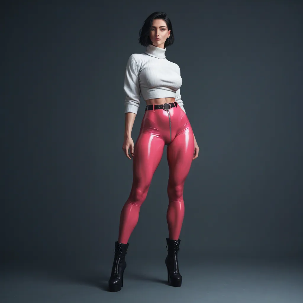 Shoes- black high heeled boots going up past the knee with metal on it looking really girly Legs- black nylon tights Hot pink tight spandex skirt with metal zipper Give me breasts and a tight white v neck jumper with sleeves rolled past elbows aswell as that a large belt round the belly area black with metal clasp and diamond studded A choker studded necklace and a normal necklace large silver hoop earrings bright red lipstick on the left wrist(one not holding torch) a silver pink faced watch and on the same side hand on the wedding finger a silver wedding band paired with a silver diamond solitaire 1 to 1.5 carat engagement ring so their stacked together on the other wrist a charms bracelet staxked withother silver bracelet also give me long pink acrylic nails, score_9, score_8, candid photo, realistic skin texture, visible skin pores, film grain, depth of field
