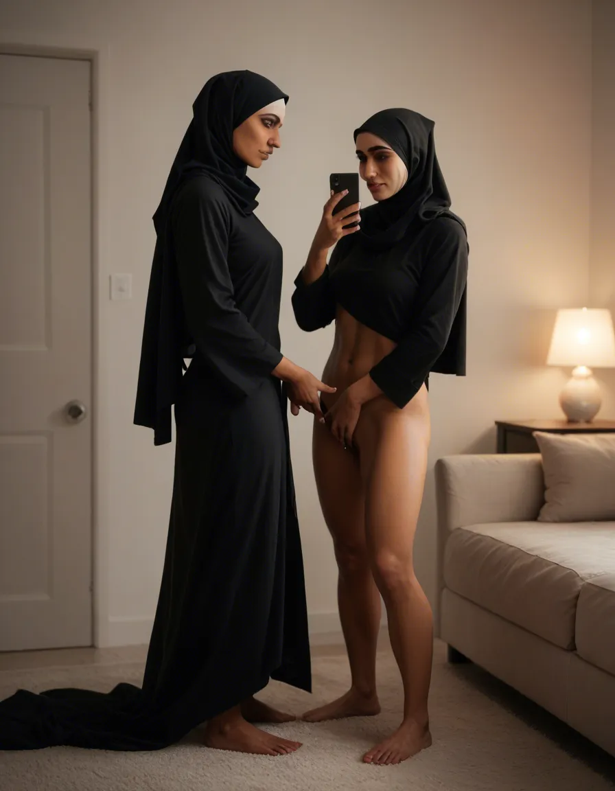 Lesbian couple, hijab, full_body, fingering pussy, score_9, score_8, amateur photo, phone snapshot, realistic skin texture, skin blemishes, soft indoor lighting