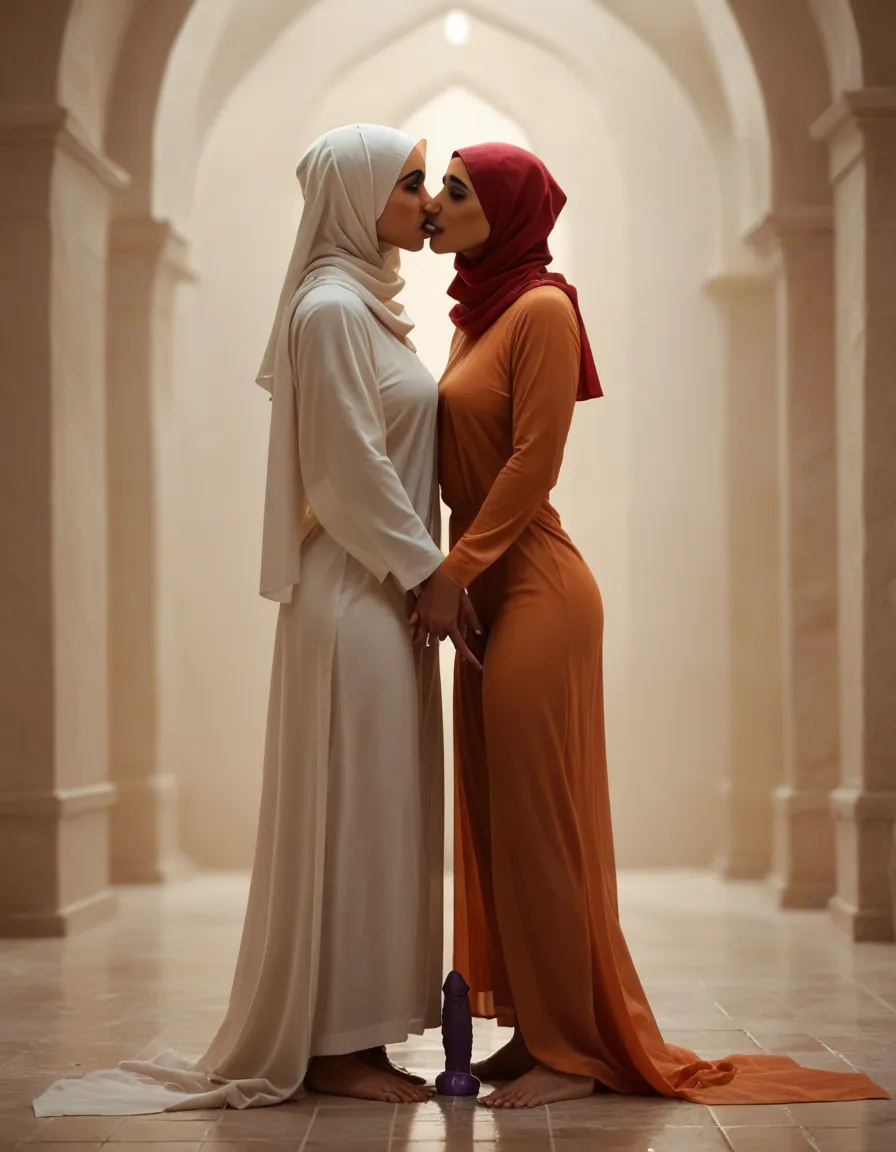 Lesbian couple, hijab, full_body, dildo_insertion, cum, kiss, score_9, score_8, candid photo, realistic skin texture, visible skin pores, film grain, depth of field