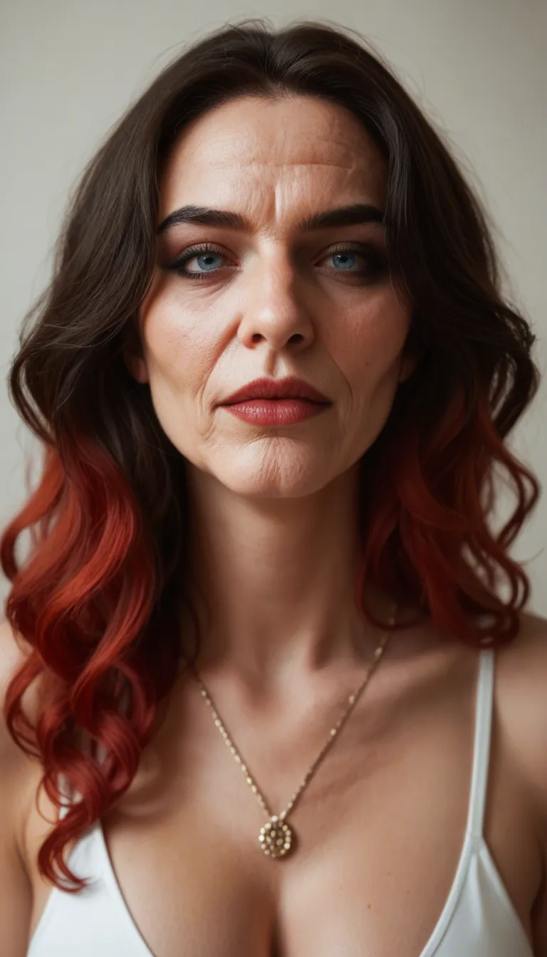50 year old mom with red dyed long wavy hair, long square face with a roman nose and rounded tip, wide blue eyes with black mascara and black eyeliner, huge xl breasts and hugr butt, getting fucked in her pussy by a a massive 30cm black penis in reverse cowgirl