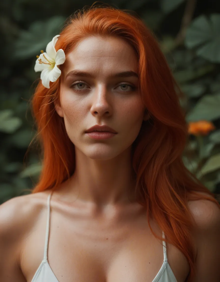 sharp focus, 8k uhd, redhead woman, orange hair, flower, bondage, lifelike render, score_9, score_8, candid photo, realistic skin texture, visible skin pores, film grain, depth of field