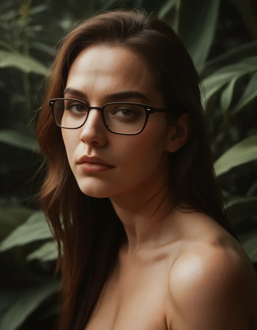 dslr, film grain, photorealistic, solo, fully nude, glasses, plant, hyperrealistic, score_9, score_8, candid photo, realistic skin texture, visible skin pores, film grain, depth of field