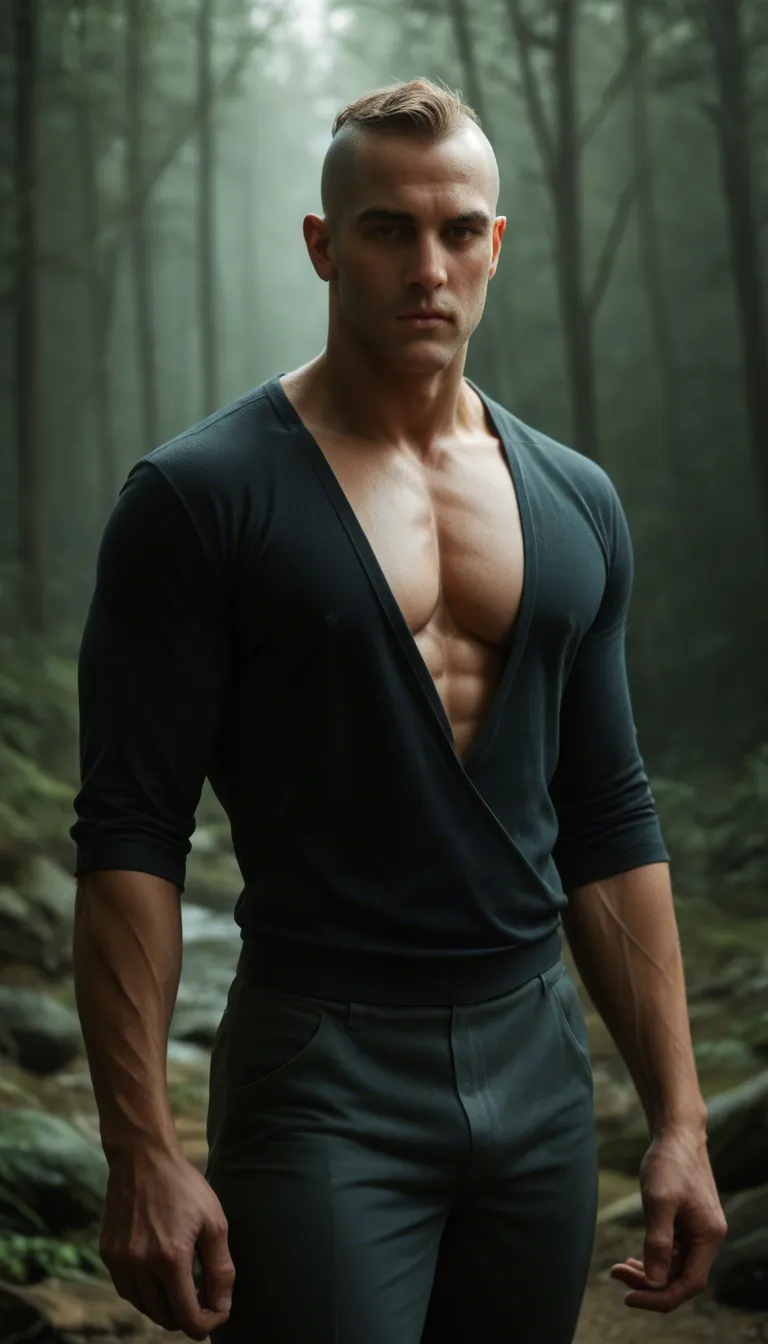 A 55yo and 19yo male are in the woods. They both have thick, beefy muscular builds, thick legs, and shaved heads, and are wearing T shirts and light colored, tight spandex briefs. They walk towards each other, are very affectionate and then kiss. It's hot and humid. Full-body view the entire length of the video.