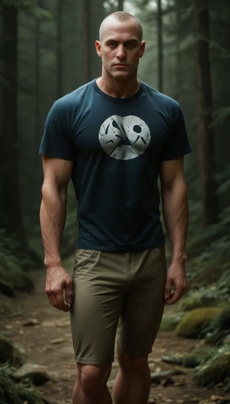 Two 40 year old males are in the woods. They both have beefy muscular builds, thick legs, and shaved heads, and are wearing T shirts and light colored, tight spandex briefs.  They walk towards each other, embrace and rub their hands on each other's butts as they kiss. It's hot and humid.  Full-body view the entire length of the video