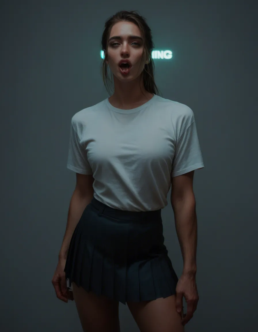 cinematic photo, 8k, male focus, pleated skirt, ahegao, neon glow, photorealistic, score_9, score_8, candid photo, realistic skin texture, visible skin pores, film grain, depth of field