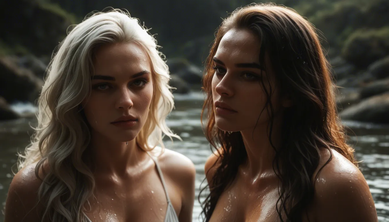 RAW photo, ultra realistic, two attractive 20-year-old women, 1platinum blonde with long wet wavy hair, 1brunette with a brown ponytail partially facing away from the camera showing her backside, standing close on the wet wooden deck of a sailing ship, wide mid-thigh shot, gentle kissing, soft caressing, wet skin, water droplets, wearing tiny solid color micro bikinis, one pastel purple, one pastel green, background is the ocean, sails and ropes, sunset sky, twilight, deep focus, highly detailed wood texture on the deck, score_9, score_8, cinematic film still, anamorphic, film grain, dramatic lighting, shallow depth of field