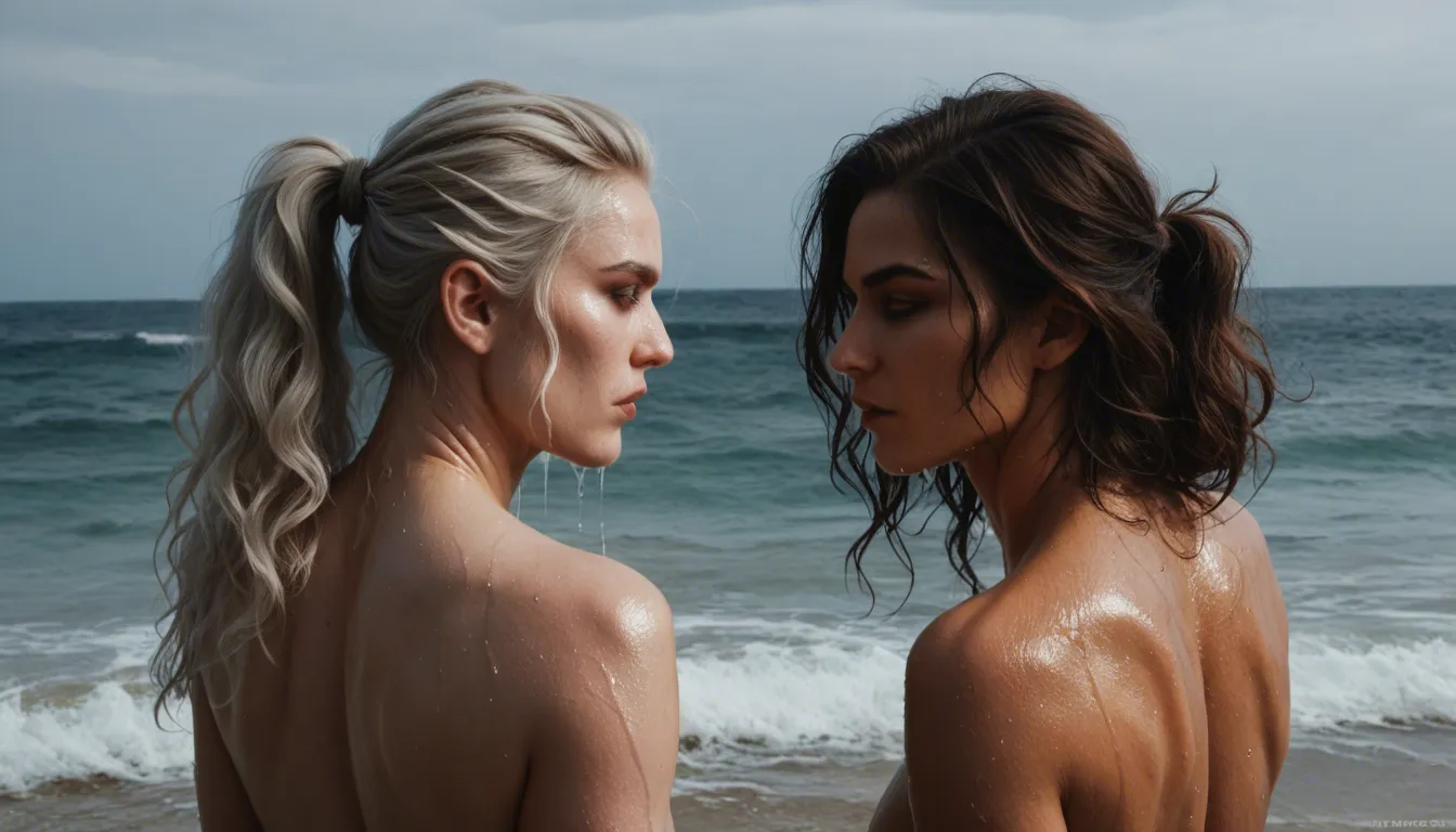 RAW photo, cinematic film still, ultra realistic, score_9, score_8, two attractive 20-year-old women, 1platinum blonde with long wet wavy hair facing the camera, 1brunette with a brown ponytail partially facing away from the camera showing her backside, standing close in a luxury dark cave pool, wide mid-thigh shot, looking at each other, gentle smile, relaxed conversation, wet skin, water droplets, wearing tiny solid color micro bikinis, one pastel purple, one peach, background is a highly detailed black basalt rock wall, twilight, dim lighting, soft diffused daylight, deep focus, highly detailed dark stone texture, score_9, score_8, cinematic film still, anamorphic, film grain, dramatic lighting, shallow depth of field
