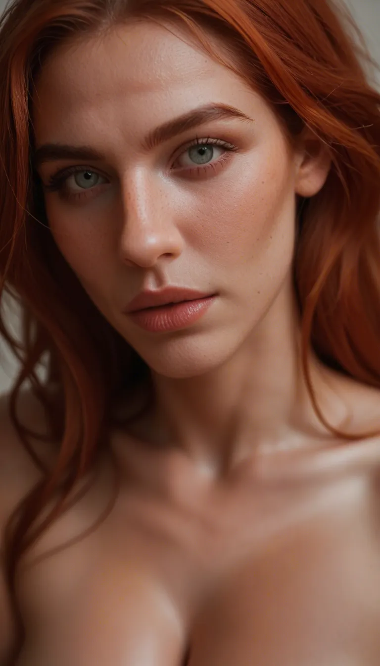 8k, sharp focus, detailed skin, extreme close-up, redhead woman, straddling, hourglass figure, dslr quality