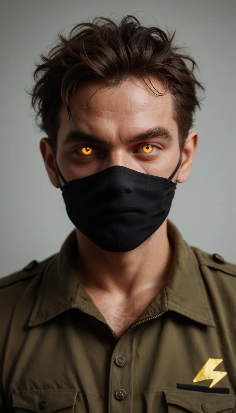 A cinematic erotic video of the exact male character from the character sheet: brown messy hair, black face mask with yellow lightning bolt, glowing red eyes, wearing dark military jacket with gold chains, epaulettes and star emblem, red cape, black pants with red-yellow flame designs on the lower legs, black fingerless gloves and sandals. He is fucking a beautiful sexy white woman in doggy style on a messy bed. The woman has long blonde hair, fair white skin, large round breasts, slim waist and thick ass. She is completely naked except her torn ripped black panties hanging on one leg. Stacks of cash and scattered money notes are lying all over the bed around them. The man is aggressively thrusting into her from behind, gripping her hips, cape slightly moving with the motion. Her face is turned to the side showing pure pleasure, mouth open, moaning. Soft bedroom lighting, realistic skin textures, detailed wet pussy penetration, money notes sticking to their sweaty bodies, highly detailed, cinematic camera movement, 4k, erotic atmosphere.