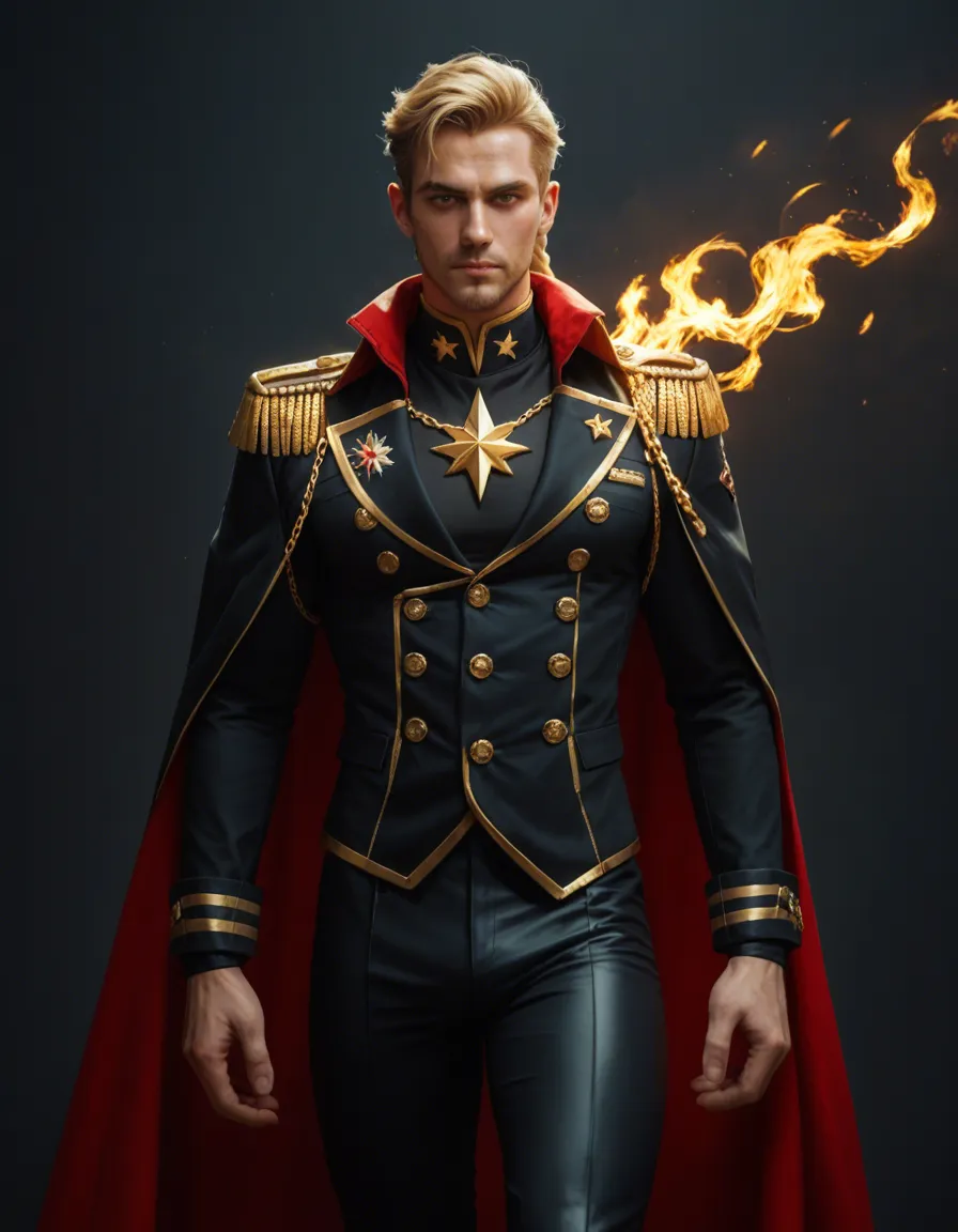 A man in a black military-style jacket with gold buttons, gold braided shoulder epaulettes, gold chains across his chest, a big golden star emblem on the left chest, a flowing red cape, tight black pants with red-to-yellow flame designs on the lower legs, black fingerless gloves, and teal flip-flops kneels behind a naked blonde woman on a messy bed strewn with stacks of cash and scattered money notes. He wears a black face mask with a bold yellow lightning bolt covering his nose and mouth, and his eyes glow bright red. She is on her hands and knees, back arched, fair skin, large soft breasts, thick round ass, with torn black panties hanging from one ankle.
He grips her hips tightly and thrusts into her from behind in deep, hard, rhythmic strokes, his red cape swinging with each thrust. Her face turns sideways, mouth open moaning, sweat beading on damp skin. Money notes flutter across the sheets and stick to their bodies as the bed shifts with the motion.
Slow push-in from a medium shot to a tight close-up on their bodies, intimate cinematic framing, soft warm bedroom lamplight, slick highlights on skin, ultra-detailed, explicit, cinematic 4K., score_9, score_8, candid photo, realistic skin texture, visible skin pores, film grain, depth of field